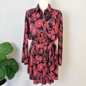 •FORE COLLECTION• Black & Red Floral Button Front Bell Sleeve Shirt Dress Size S